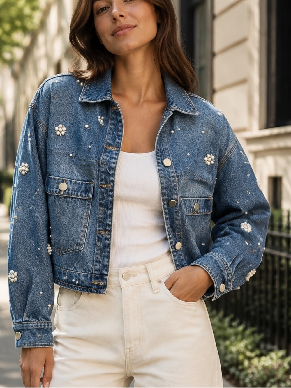 Blanknyc Pearl Embellished Denim Jacket